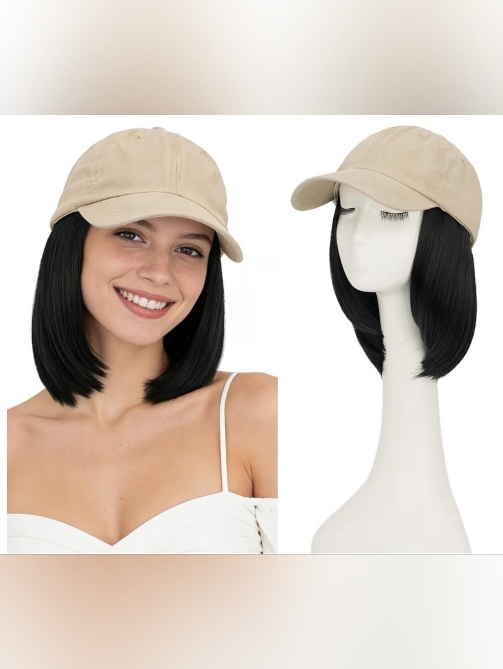 Beige Adjustable Hat Wig 6" Synthetic Extensions Jet Black